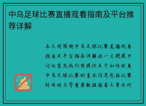中乌足球比赛直播观看指南及平台推荐详解